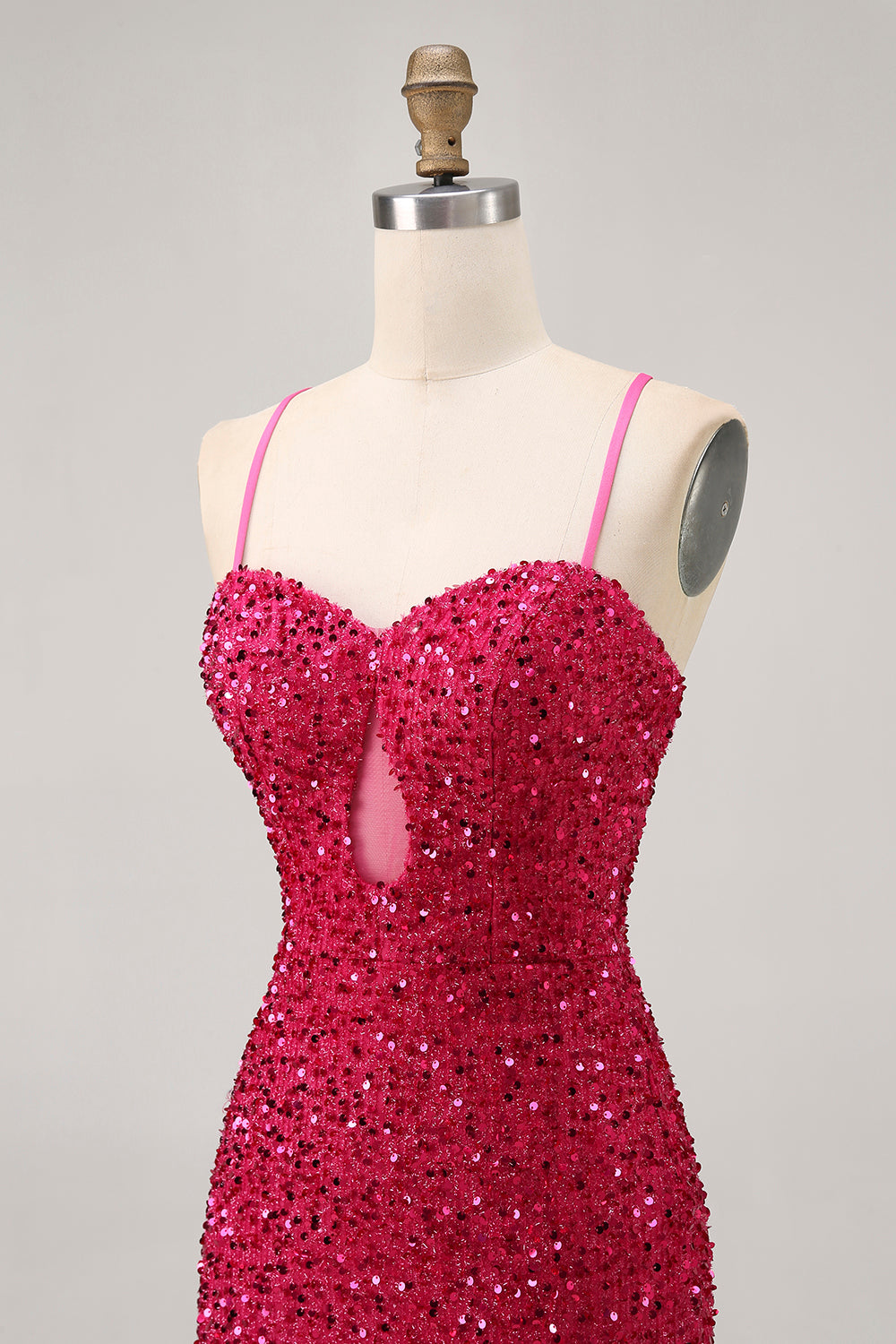 Sparkly Sequins Fuchsia Spaghetti Straps Short Tight Homecoming Dress
