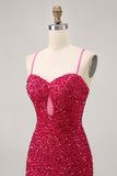 Sparkly Sequins Fuchsia Spaghetti Straps Short Tight Homecoming Dress