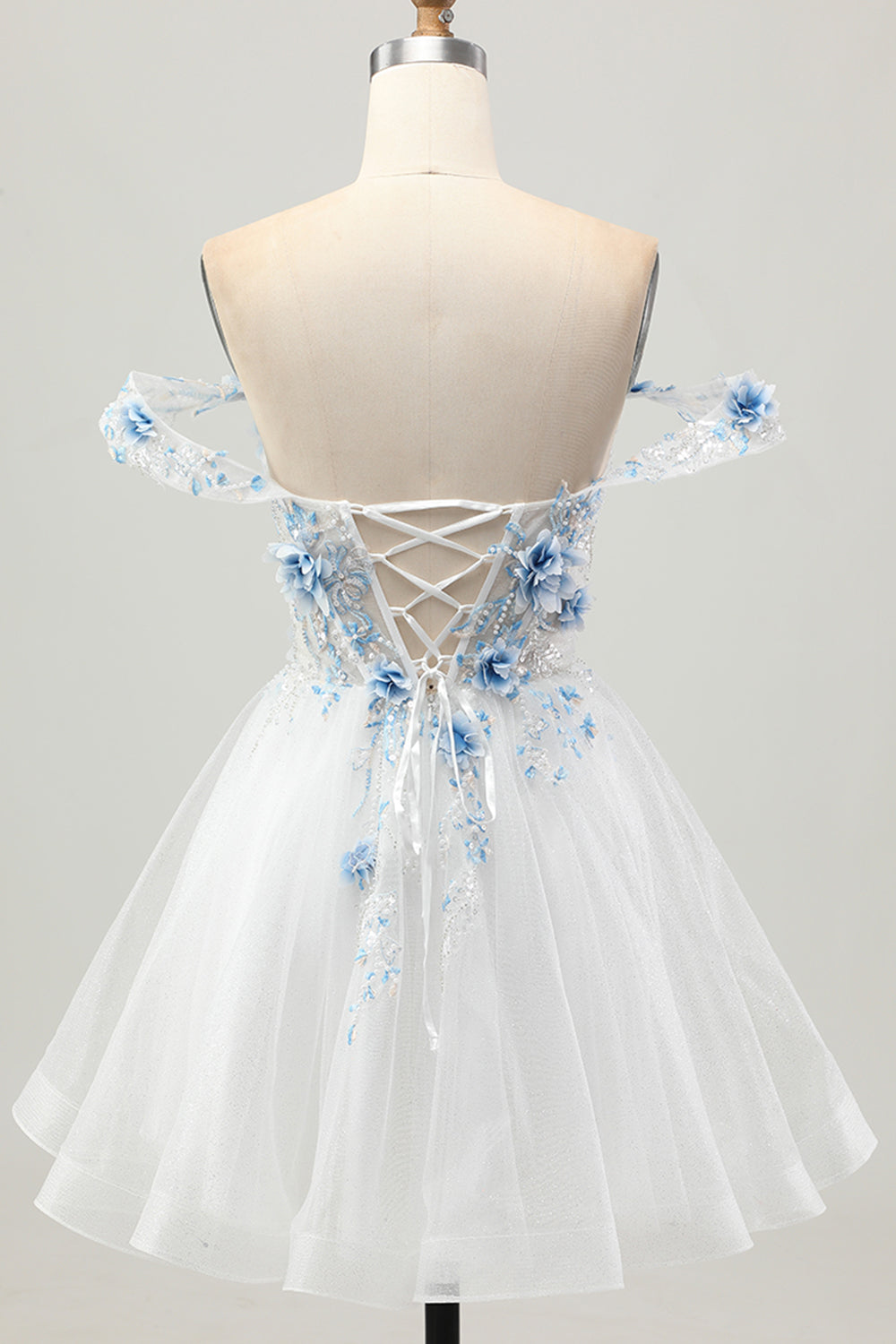 White Blue Flower A-Line Off the Shoulder Corset Short Homecoming Dress