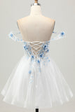 White Blue Flower A-Line Off the Shoulder Corset Short Homecoming Dress
