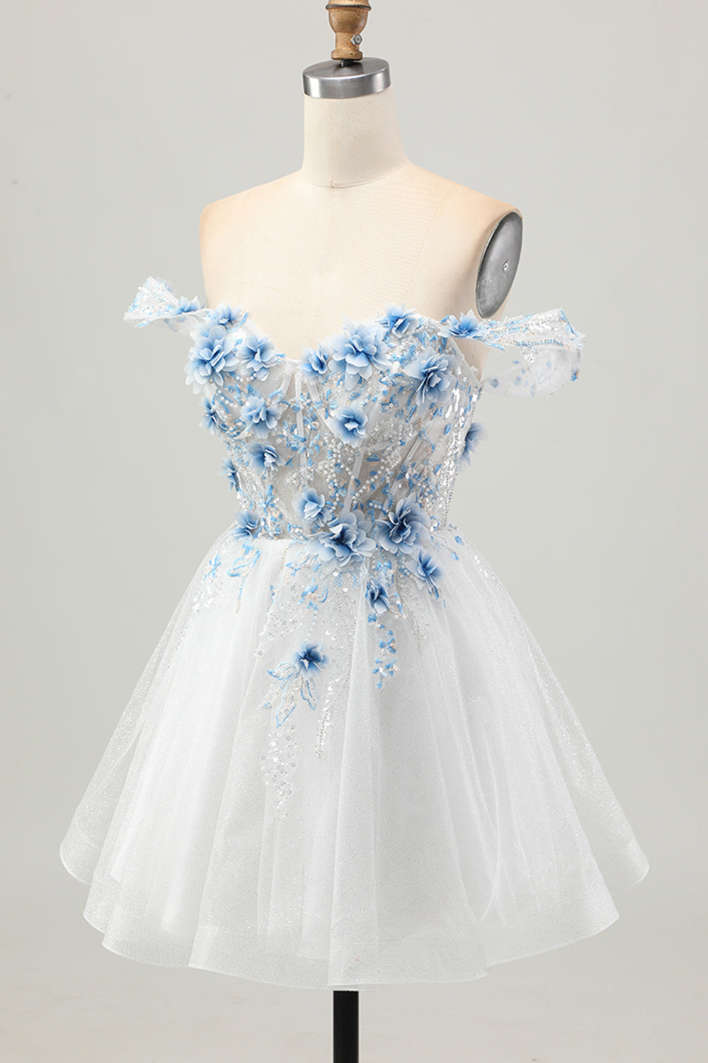 White Blue Flower A-Line Off the Shoulder Corset Short Homecoming Dress