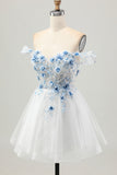 White Blue Flower A-Line Off the Shoulder Corset Short Homecoming Dress
