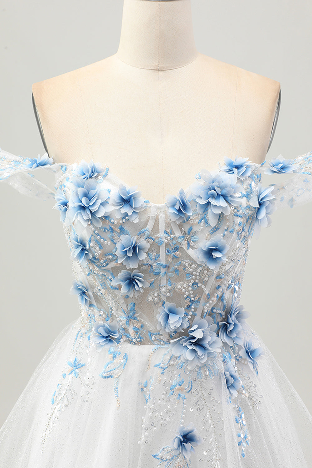 White Blue Flower A-Line Off the Shoulder Corset Short Homecoming Dress