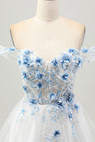 White Blue Flower A-Line Off the Shoulder Corset Short Homecoming Dress