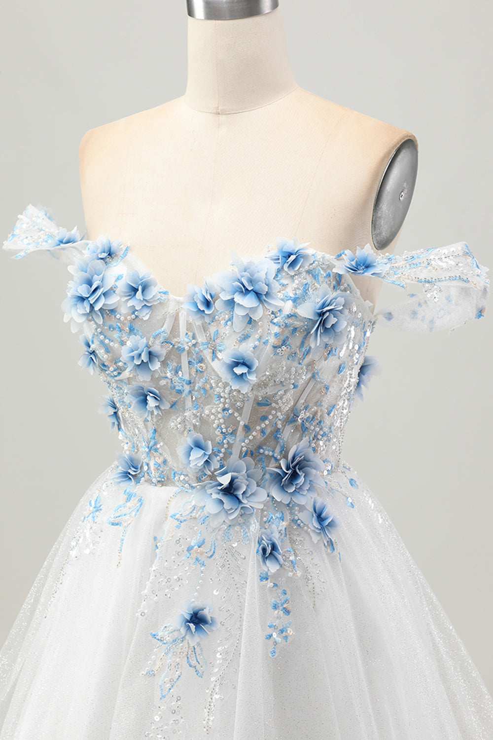 White Blue Flower A-Line Off the Shoulder Corset Short Homecoming Dress