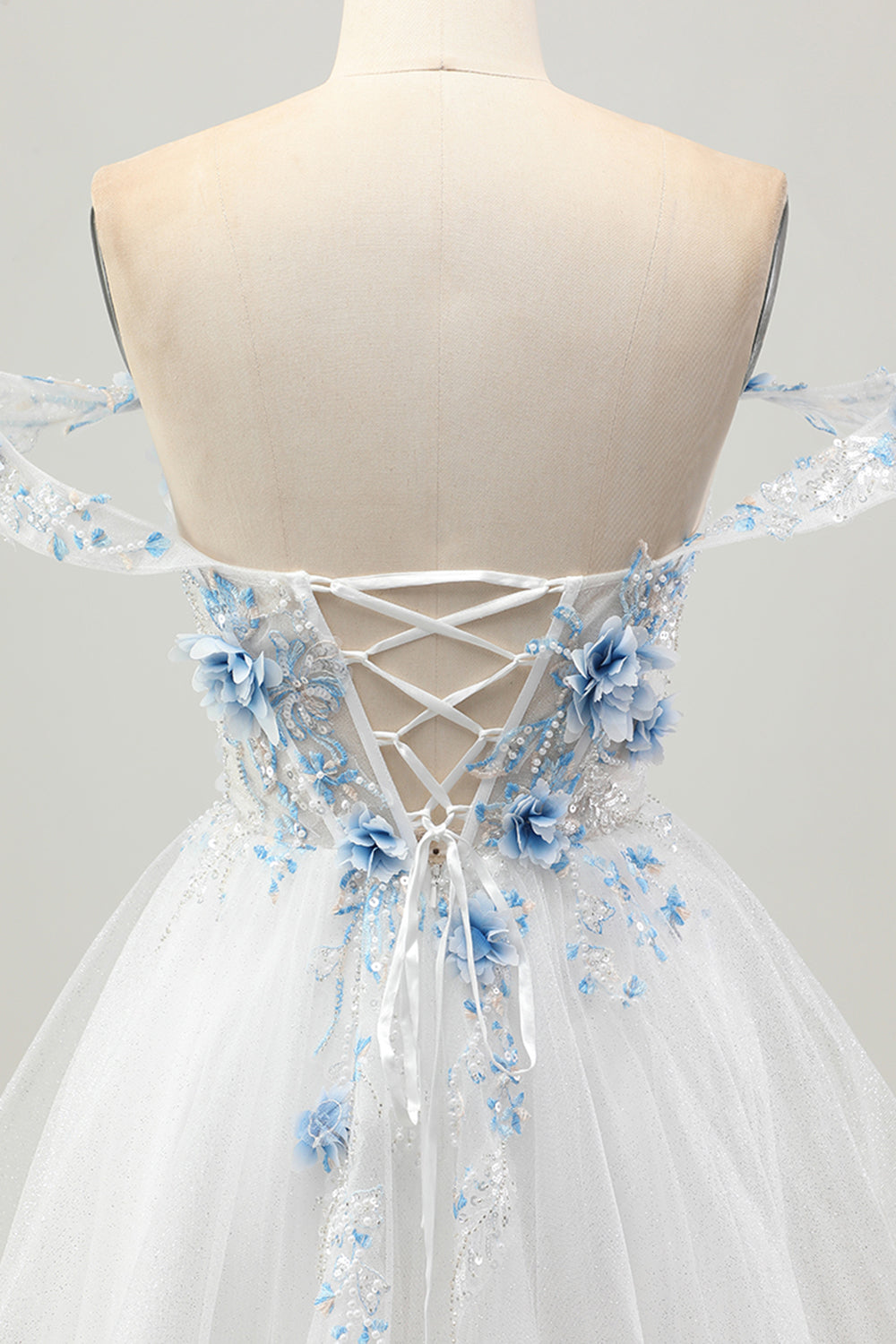 White Blue Flower A-Line Off the Shoulder Corset Short Homecoming Dress