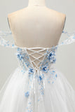 White Blue Flower A-Line Off the Shoulder Corset Short Homecoming Dress