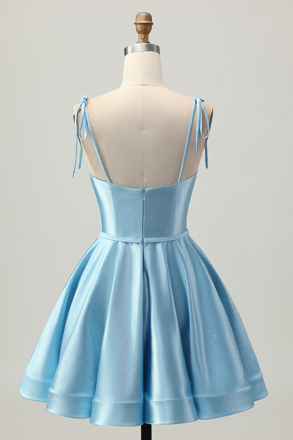 Blue Satin A Line Short Spaghetti Straps Homecoming Dress