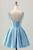 Blue Satin A Line Short Spaghetti Straps Homecoming Dress