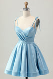 Blue Satin A Line Short Spaghetti Straps Homecoming Dress