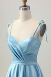 Blue Satin A Line Short Spaghetti Straps Homecoming Dress