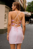 Candy Pink Flower Spaghetti Straps Corset Bodycon Short Homecoming Dress