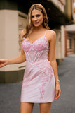 Candy Pink Flower Spaghetti Straps Corset Bodycon Short Homecoming Dress