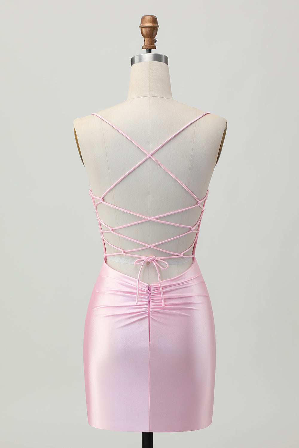 Blush Pink Bodycon Spaghetti Straps Short Homecoming Dress with Lace Up Back