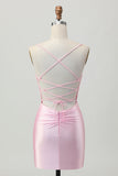 Blush Pink Bodycon Spaghetti Straps Short Homecoming Dress with Lace Up Back