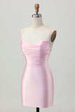 Blush Pink Bodycon Spaghetti Straps Short Homecoming Dress with Lace Up Back