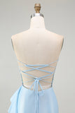 Sparkly Light Blue Strapless Corset Mermaid Beaded Long Prom Dress with Slit