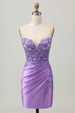Sparkly Purple Bodycon Strapless Corset Ruched Sequins Short Homecoming Dress