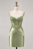 Green Strapless Corset Sequins Bodycon Short Homecoming Dress with Appliques