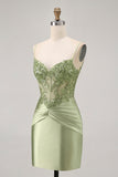 Green Strapless Corset Sequins Bodycon Short Homecoming Dress with Appliques