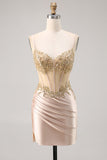 Sparkly Champagne Corset Mini Cocktail Dress with Sequins