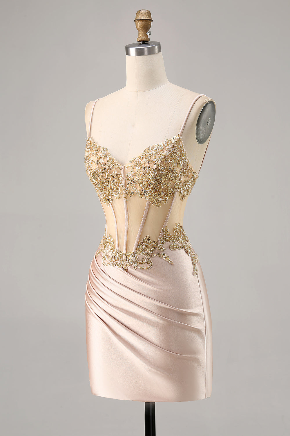 Sparkly Champagne Corset Mini Cocktail Dress with Sequins