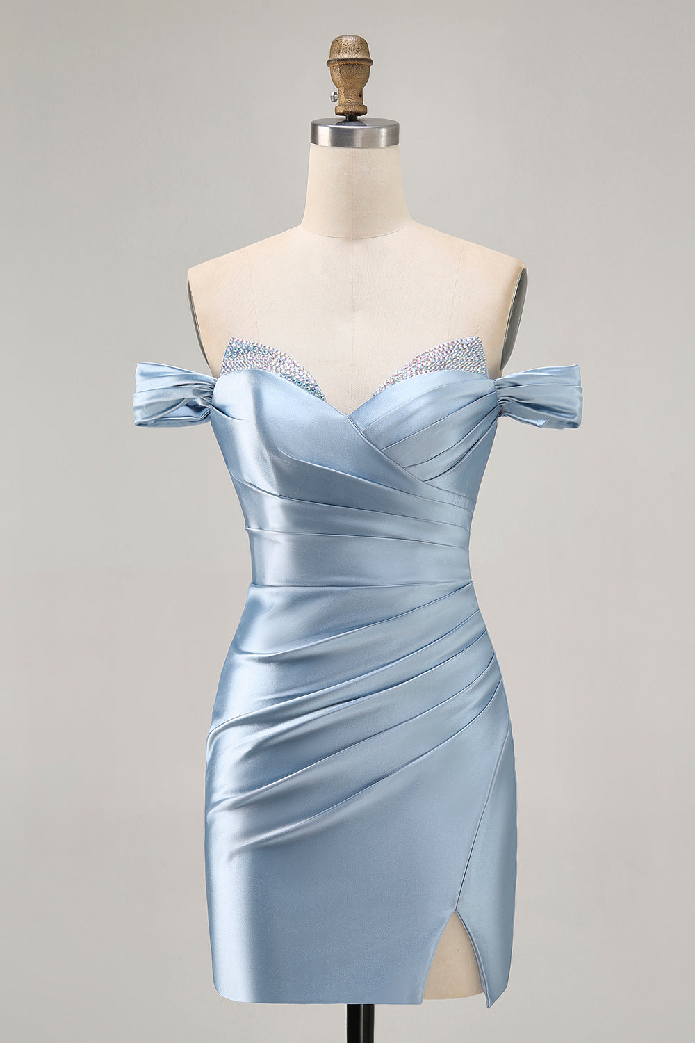 Grey Blue Off The Shoulder Satin Ruched Bodycon Homecoming Dress with Slit