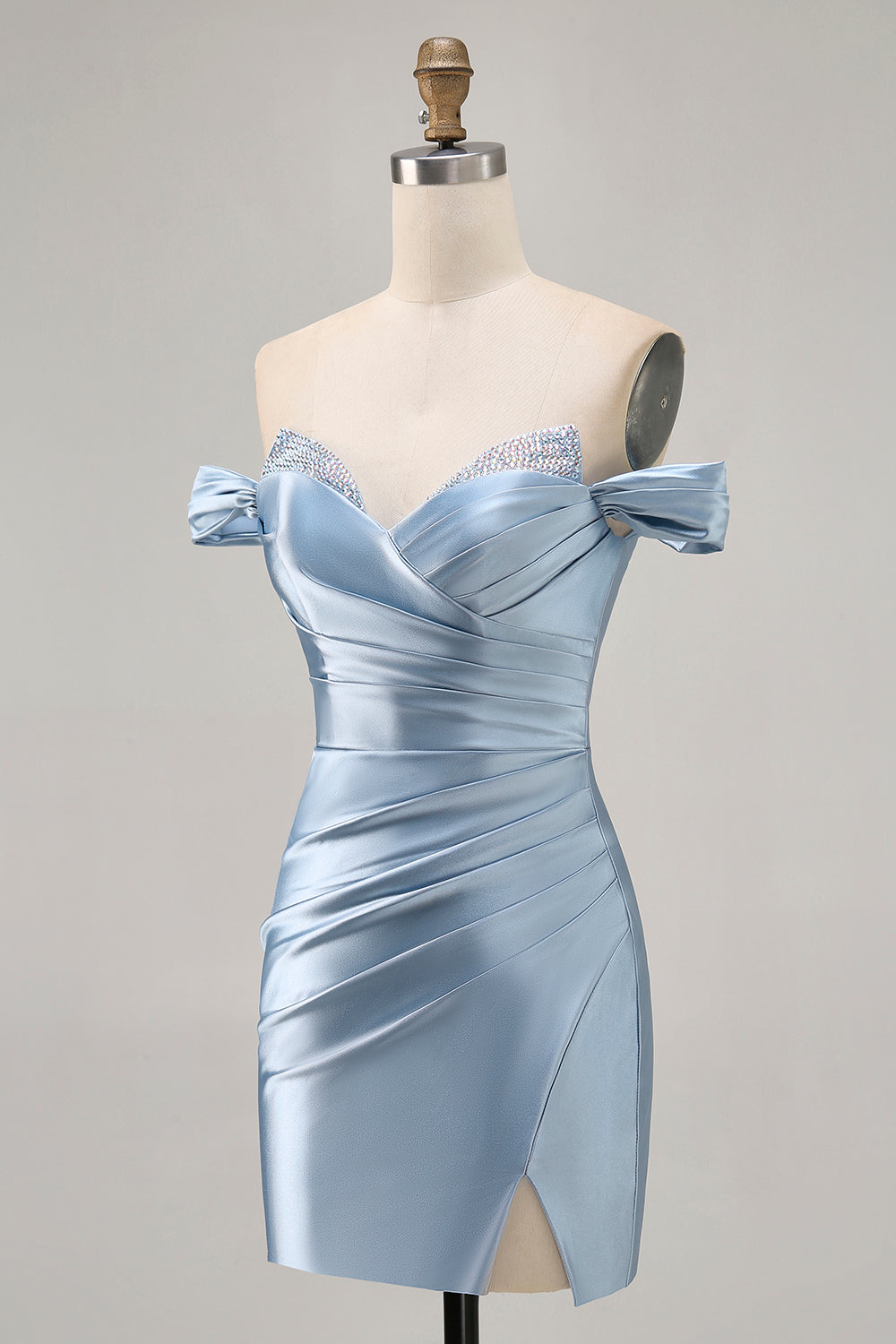 Grey Blue Off The Shoulder Satin Ruched Bodycon Homecoming Dress with Slit