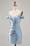 Grey Blue Off The Shoulder Satin Ruched Bodycon Homecoming Dress with Slit