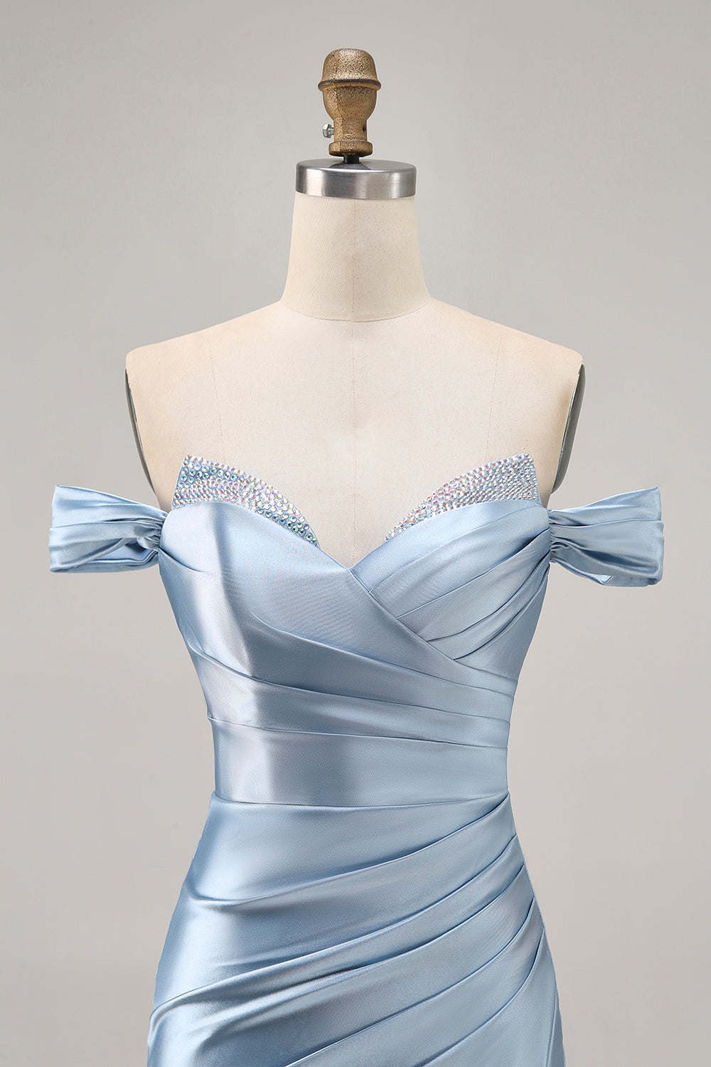 Grey Blue Off The Shoulder Satin Ruched Bodycon Homecoming Dress with Slit