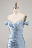 Grey Blue Off The Shoulder Satin Ruched Bodycon Homecoming Dress with Slit
