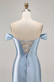 Grey Blue Off The Shoulder Satin Ruched Bodycon Homecoming Dress with Slit