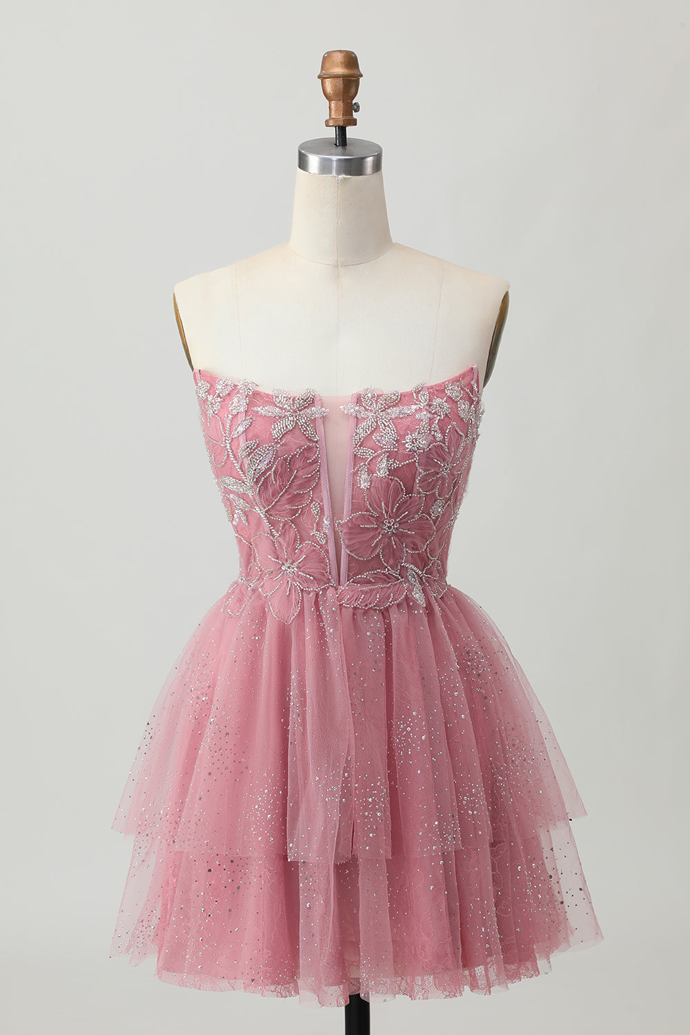 Dusty Rose A-Line Strapless Tiered Tulle Short Homecoming Dress with Beading