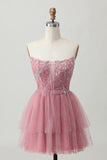 Dusty Rose A-Line Strapless Tiered Tulle Short Homecoming Dress with Beading