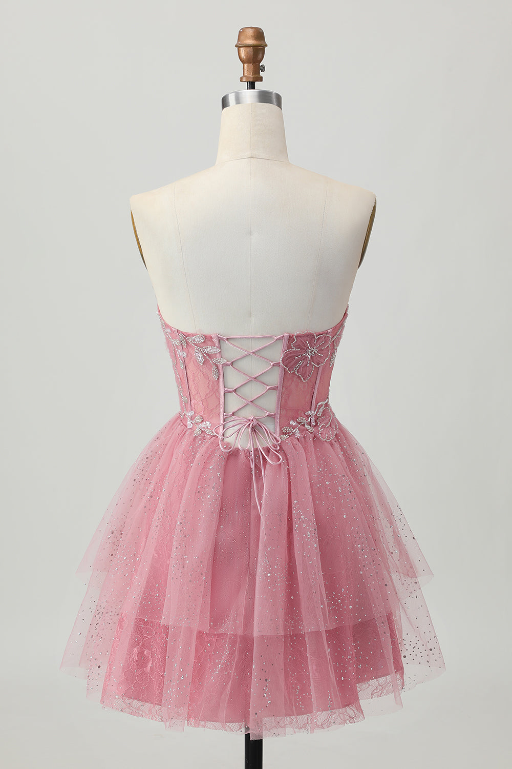 Dusty Rose A-Line Strapless Tiered Tulle Short Homecoming Dress with Beading
