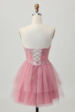 Dusty Rose A-Line Strapless Tiered Tulle Short Homecoming Dress with Beading