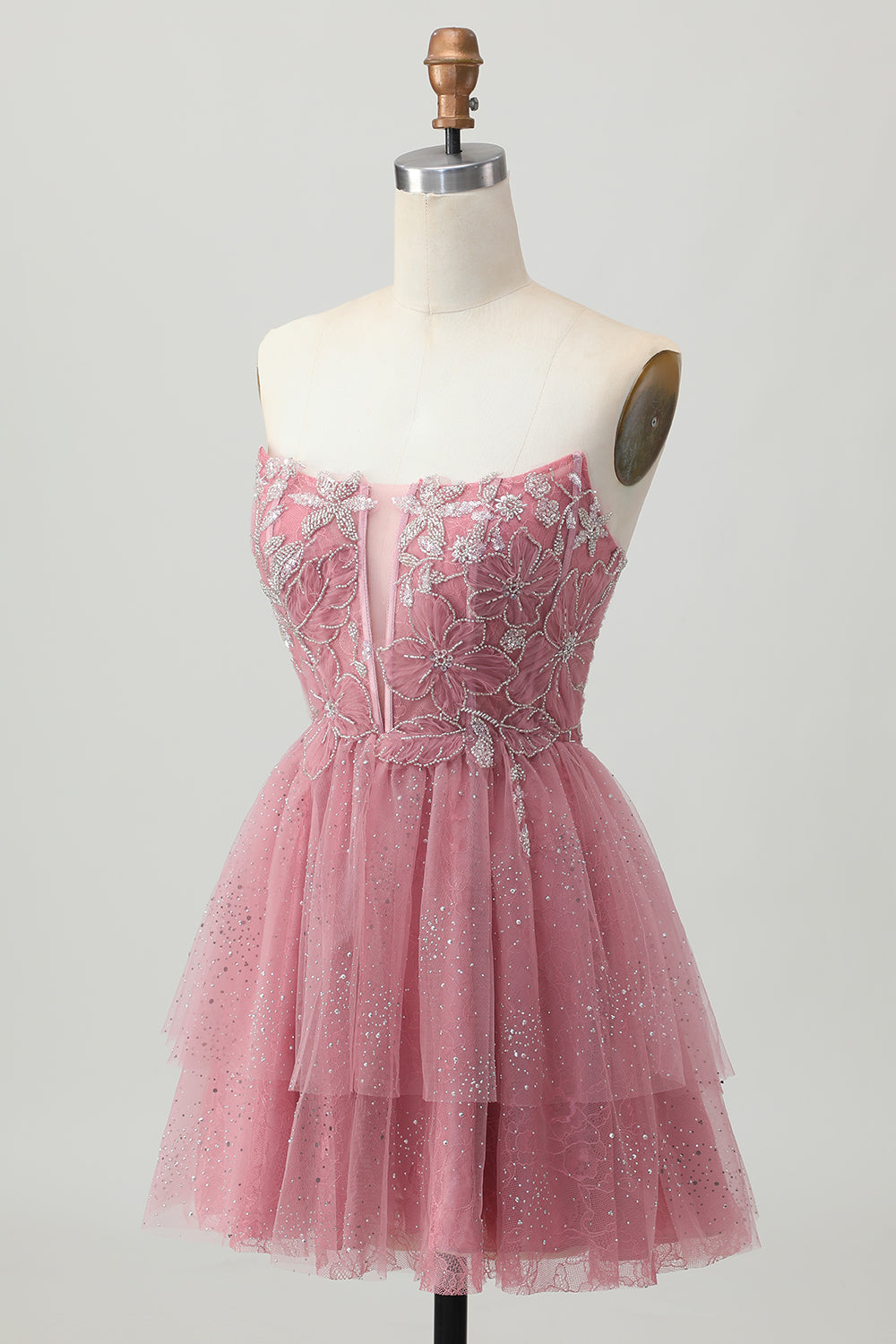 Dusty Rose A-Line Strapless Tiered Tulle Short Homecoming Dress with Beading