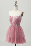 Dusty Rose A-Line Strapless Tiered Tulle Short Homecoming Dress with Beading