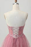 Dusty Rose A-Line Strapless Tiered Tulle Short Homecoming Dress with Beading