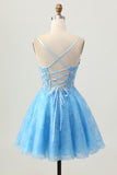 A Line Blue Short Corset Homecoming Dress with Appliques
