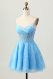 A Line Blue Short Corset Homecoming Dress with Appliques
