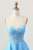 A Line Blue Short Corset Homecoming Dress with Appliques