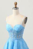 A Line Blue Short Corset Homecoming Dress with Appliques