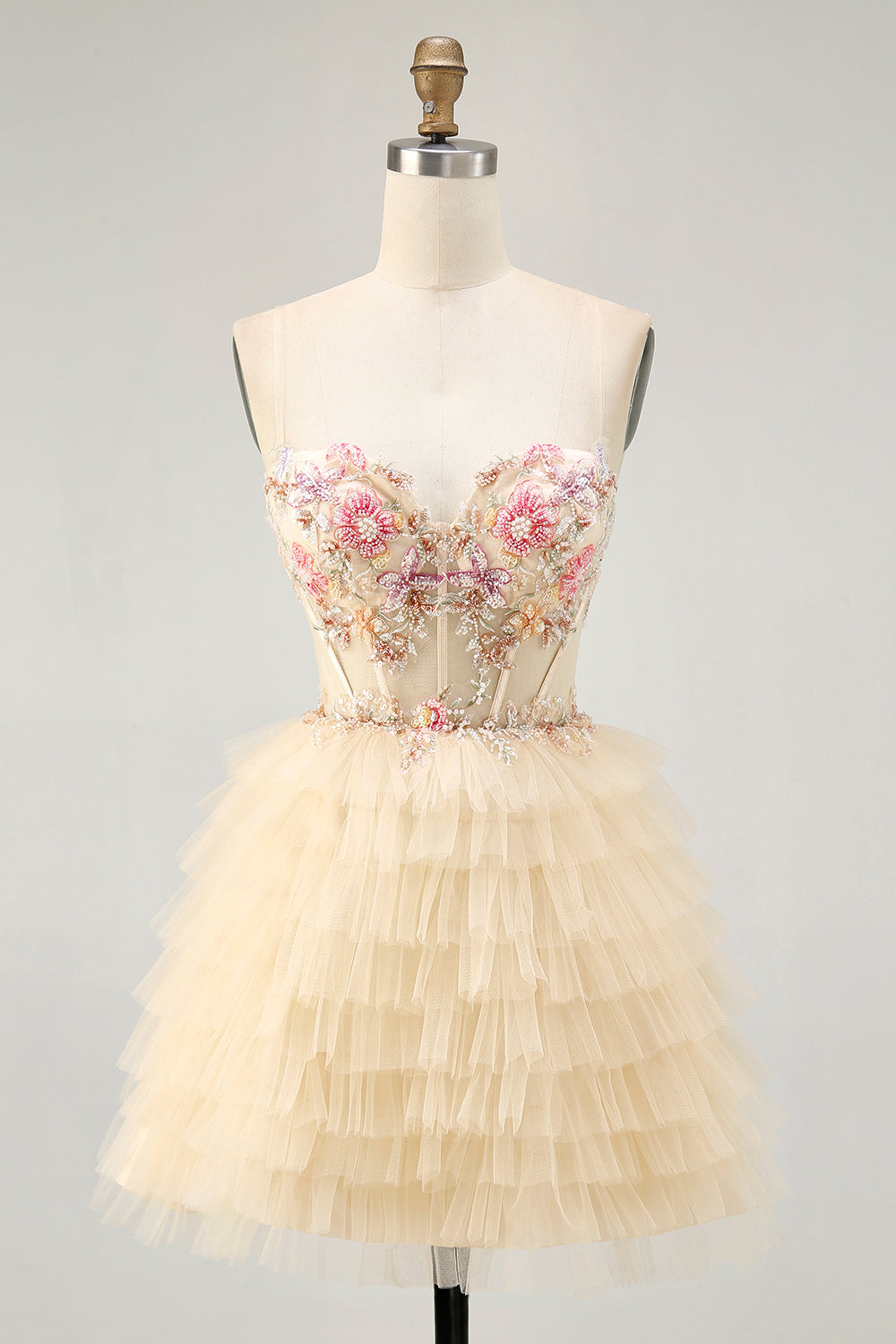 Apricot Spaghetti Straps Corset A Line Ruffled Homecoming Dress
