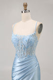 Blue Bodycon Sequins Corset Beaded Homecoming Dress with Appliques
