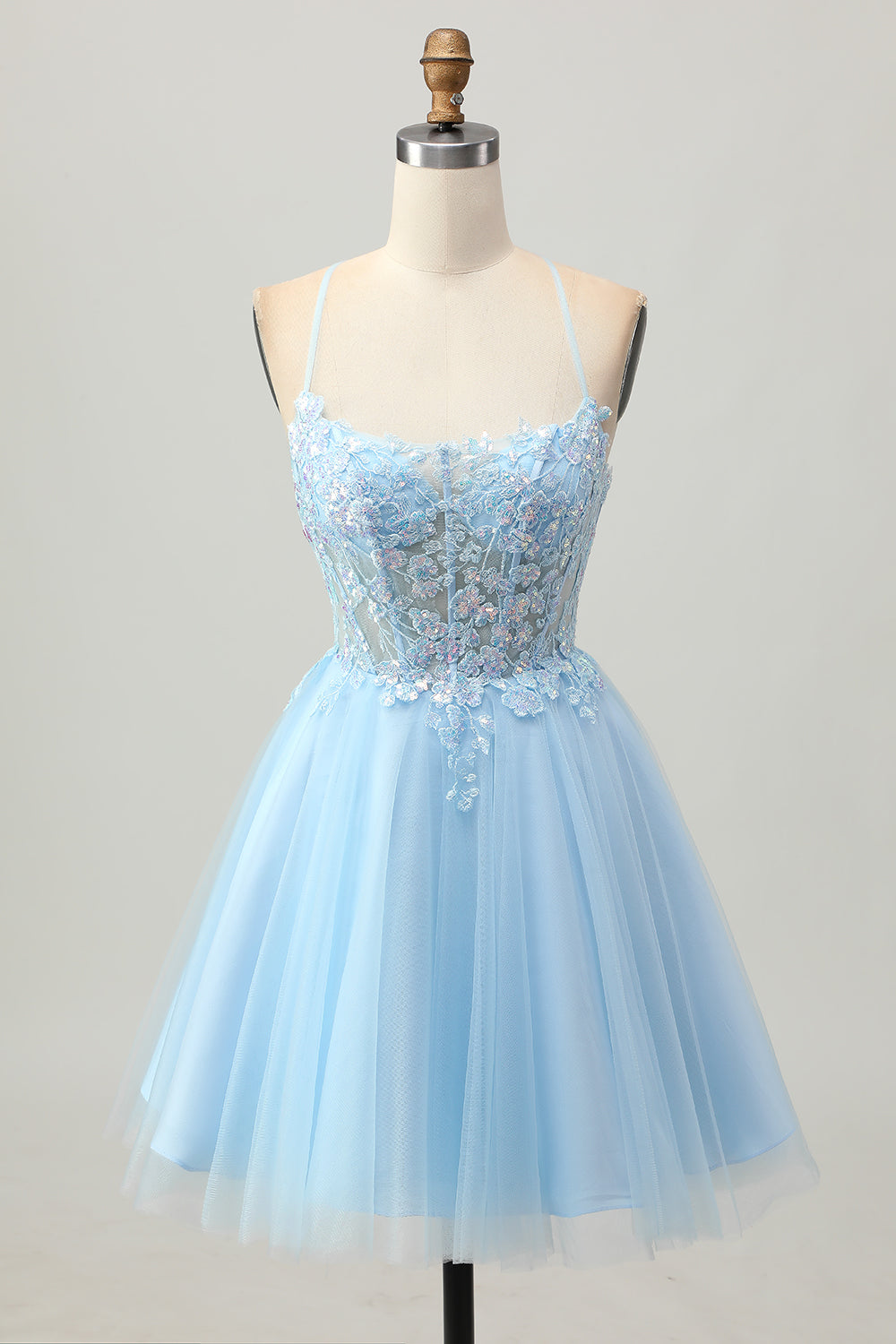 A Line Light Blue Short Appliqued Corset Homecoming Dress