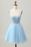 A Line Light Blue Short Appliqued Corset Homecoming Dress