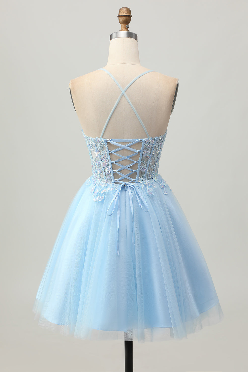 A Line Light Blue Short Appliqued Corset Homecoming Dress