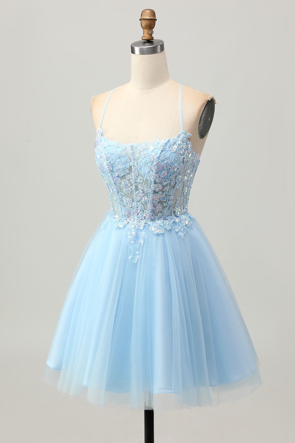 A Line Light Blue Short Appliqued Corset Homecoming Dress