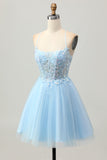 A Line Light Blue Short Appliqued Corset Homecoming Dress